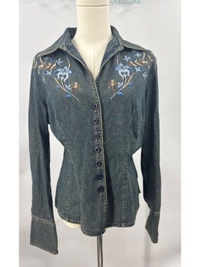Newport News Jeanology vintage floral embroidered denim jacket or shirt, 8